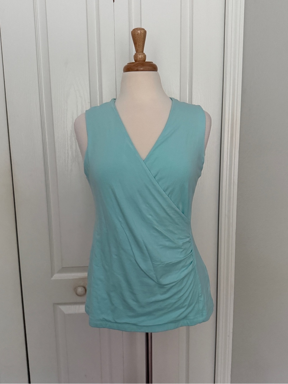 Soft Surroundings Sleeveless Faux Wrap Top -Size L- Aqua blue cotton modal blend